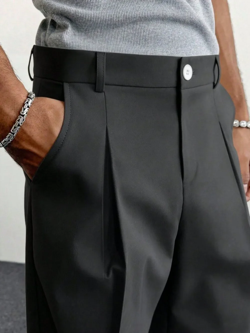 Black Casual Men's Loose Zipper Fly Button Pocket Wide Leg Trousers